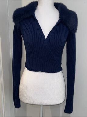 Zara Navy Ribbed Wrap Sweater with Faux-Fur Collar